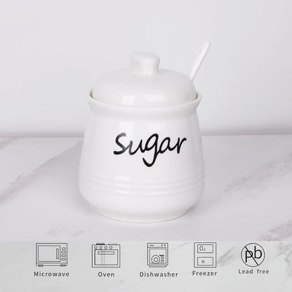 HAOTOP 12oz Sugar Bowl with Lid and Spoon,Ceramic Sugar Jar Sugar Dispenser Sugar Container Coffee Bar Accessories, Kitchen Countertop Canisters, White