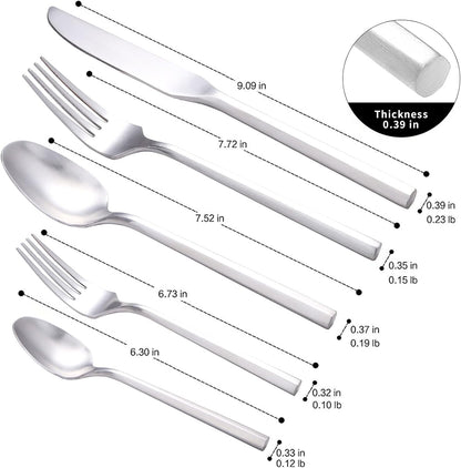 Matte Silverware Set Silver Flatware Set with Hexagon Handle 20 Pieces 18/0 Stainless Steel Cutlery Set Wedding Housewarming Gift Service for 4 (Matt silver)