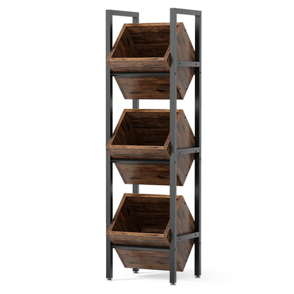LITTLE TREE 3-Tier Basket Stand, Wooden Floor Stand Shelving Unit, Standing Organizer Storage Rack