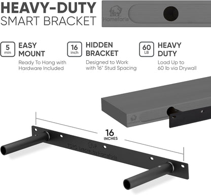 Homeforia 24inch Gray Floating Shelves for Wall, High End Solid Real Wood 24in Floating Shelf for Bathroom, Grey Wooden 24 inch Long Floating Shelves, Heavy Duty Bracket, 24 X 6.5 X 1.75 in, Set of 2