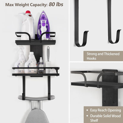 VINAEMO Ironing Board Hanger Wall Mount, 2-Layer Iron and Ironing Board Holder, Laundry Room Shelves Solid Wood with Removable Hooks Home Organization and Storage