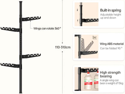 Telescopic Clothes Drying Rack, Floor to Ceiling, 4 Adjustable Arms, 360° Rotating, 43-122 inches, Black