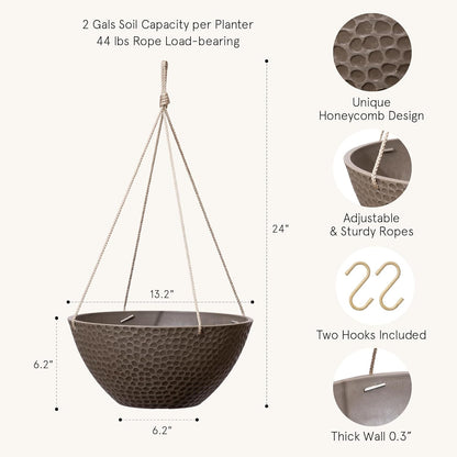 LA JOLIE MUSE Hanging Planters for Outdoor Plants, Large Outdoor Hanging Planters with Drain Holes Ash Brown, Honeycomb (13.2 Inch, Set of 2)
