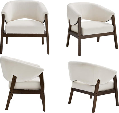Mid-Century Modern Accent Chairs Set of 2, Comfy Barrel Armchairs with Wide Seat, Upholstered Lounge Chairs with Walnut Wood Legs for Living Room/Bedroom/Reading Corner, Chenille, Beige