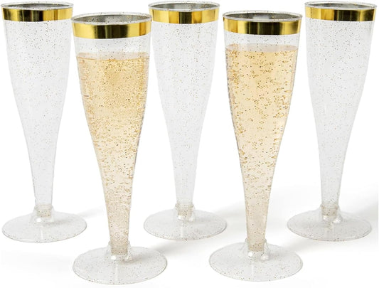 Prestee 48 Disposable Plastic Champagne Flutes with Gold Rim Glitter - Clear Toasting Glasses for Mimosa, New Year’s Eve Party, and Elegant Celebrations - Premium Quality Disposable Stemware