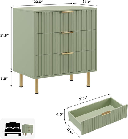 Green 3 Drawer Dresser for Bedroom, Fluted Modern Nightstand with Deep Drawers, Chest of Drawers with Wide Top, Wooden Dresser Organizer, Side Table for Living Room, Hallway, Kids Room