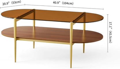 Oval Glass Coffee Table, Mid-Century Modern Design, L41 x W21 x H17 inch, for Living Room, 2-Tier Structure, Amber Glass Top and Walnut Finish Wood Shelf, Conical Legs with Gold Finish Frame