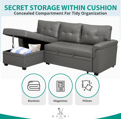 Naomi Home L-Shaped Reversible Sectional Sofa with Pull-Out Sleeper Bed and Storage Chaise, Gray Air Leather