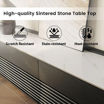 POVISON Fully-Assembled Mid Century Glossy Sintered Stone TV Stand with Legs, Wood Media Console with Adjustable LED Light, Entertainment Center with Storage for Living Room