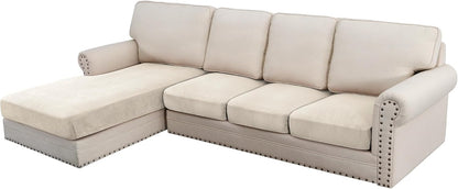 H.VERSAILTEX Velvet Stretch Sectional Couch Covers - 4 Piece Set, L Shape, Ivory Striped (Large Sofa 3 Seater + 1 Chaise)