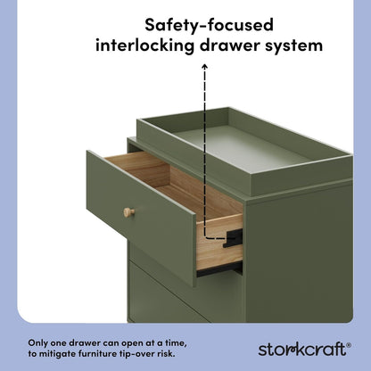 Storkcraft California 3-Drawer Chest with Removable Changing Topper (Olive with Driftwood) – GREENGUARD Gold Certified, Interlocking Drawer System, Pre-Installed Tracks, Easy Assembly