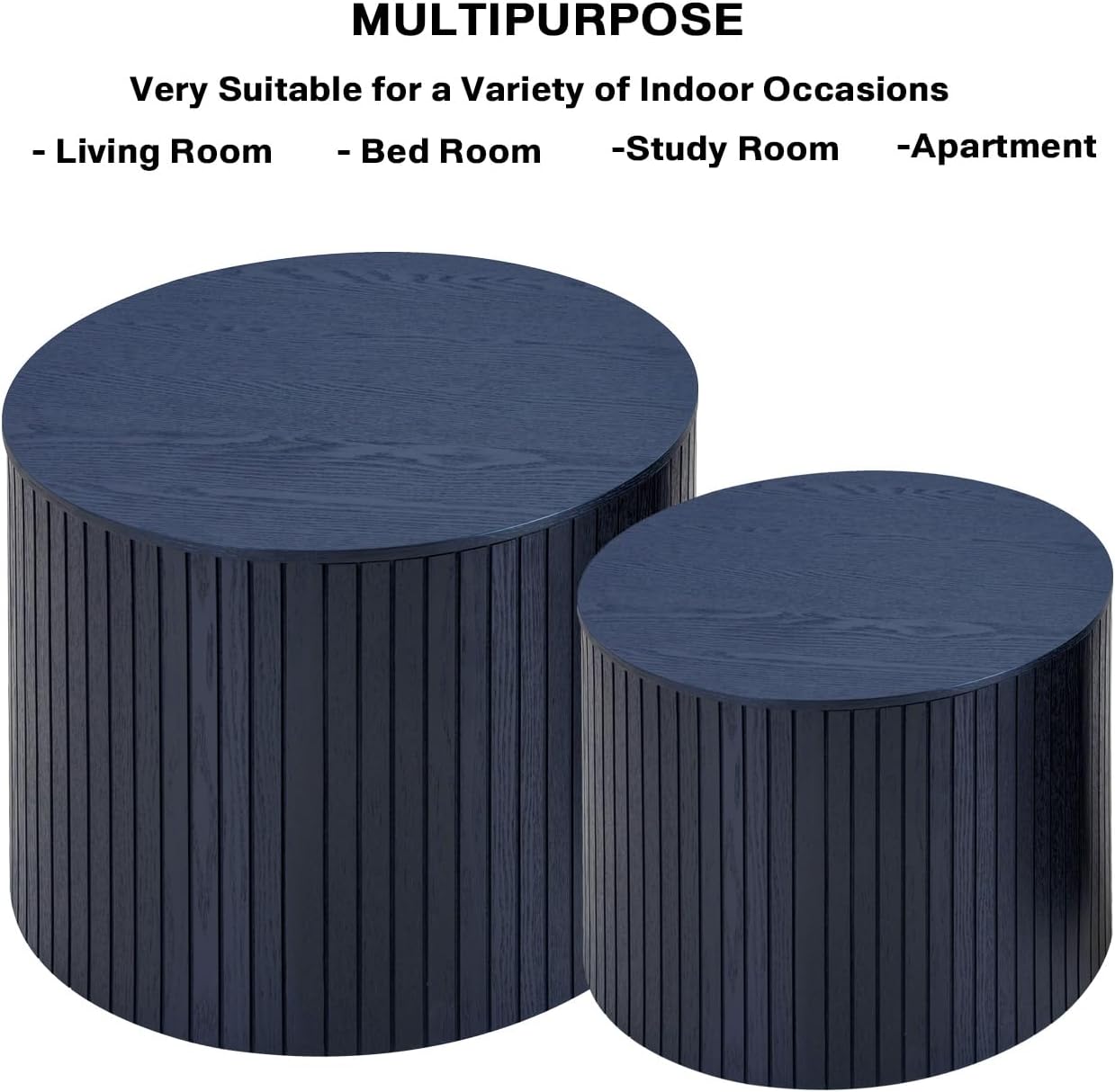 Nesting Coffee Tables Set of 2, Wooden Round Coffee Tables with Storage,Modern Circle Accent End Table Center Table for Small Spaces Living Room Bedroom Balcony Office Drum Side Table,Black