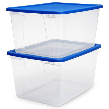 HOMZ 2-Pack Snaplock, Large Clear Plastic Storage Organizer Bins w/Lids, 56 Quart, Blue - Stackable
