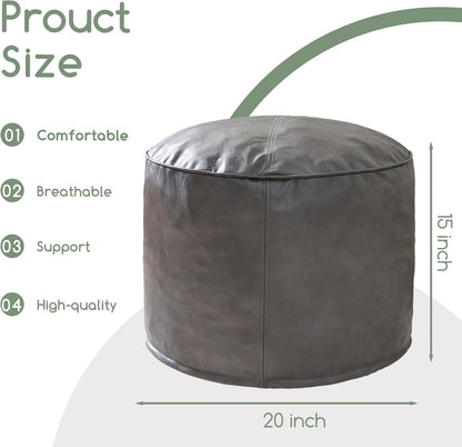 HIGOGOGO Round Stuffed Pouf Ottoman, Pu Leather Poufs with Foam Chunk Filling, Furry and Fluffy Pouf Foot Stool Storage Ottoman, 20 X 15 Floor Poufs Foot Rest for Living Room, Grey