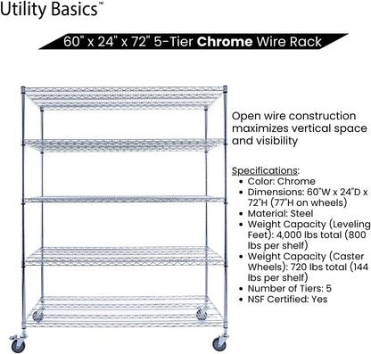 60"x24"x72" Chrome 5-Tier PREMIUM Wire Shelving NSF 4000 LBS MAX CAPACITY Heavy Duty Steel Storage Rack for Warehouses, Garages, Hospitals, Commercial Spaces, & Schools w/PREMIUM WHEELS