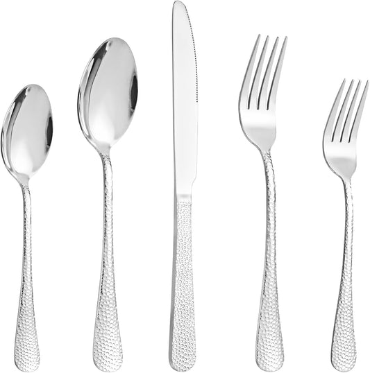 40 Pcs Silverware Set for 8 with Hammered Design, Food Grade Stainless Steel Flatware Set, Eating Utensils Sets Include Fork/Knife/Spoon, Reusable Cutlery Set, Dishwasher Safe