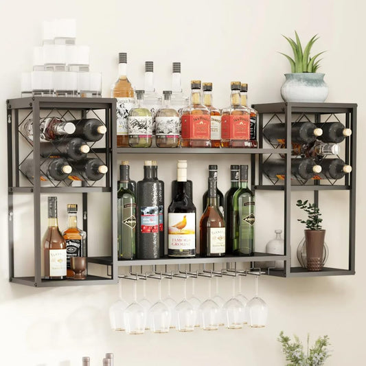 Wall Mounted Wine Rack with Glass Holder,Metal Floating Bar Liquor Shelves 2 Tier,Wine Glass Rack Multi Functional Wine Storage Display Rack for Home Bar Dining Room Kitchen