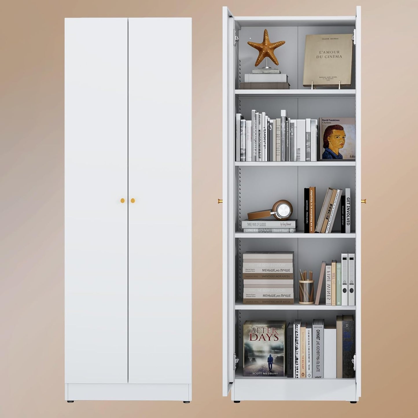 5 Tier Metal Curio Cabinets, Modern Bookshelf Cabinet with 4 Adjustable Shelves, Cabinet Display Case for Home Office, Living Room, Pantry (White-23.54W-Metal Door)