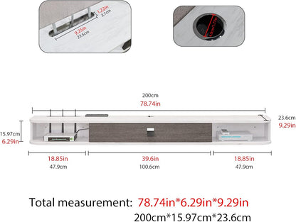 Pmnianhua Floating TV Console,78'' Wall-Mounted Media Console TV Cabinet Floating TV Stand Entertainment Shelf with Door and Storage (Grey-White)
