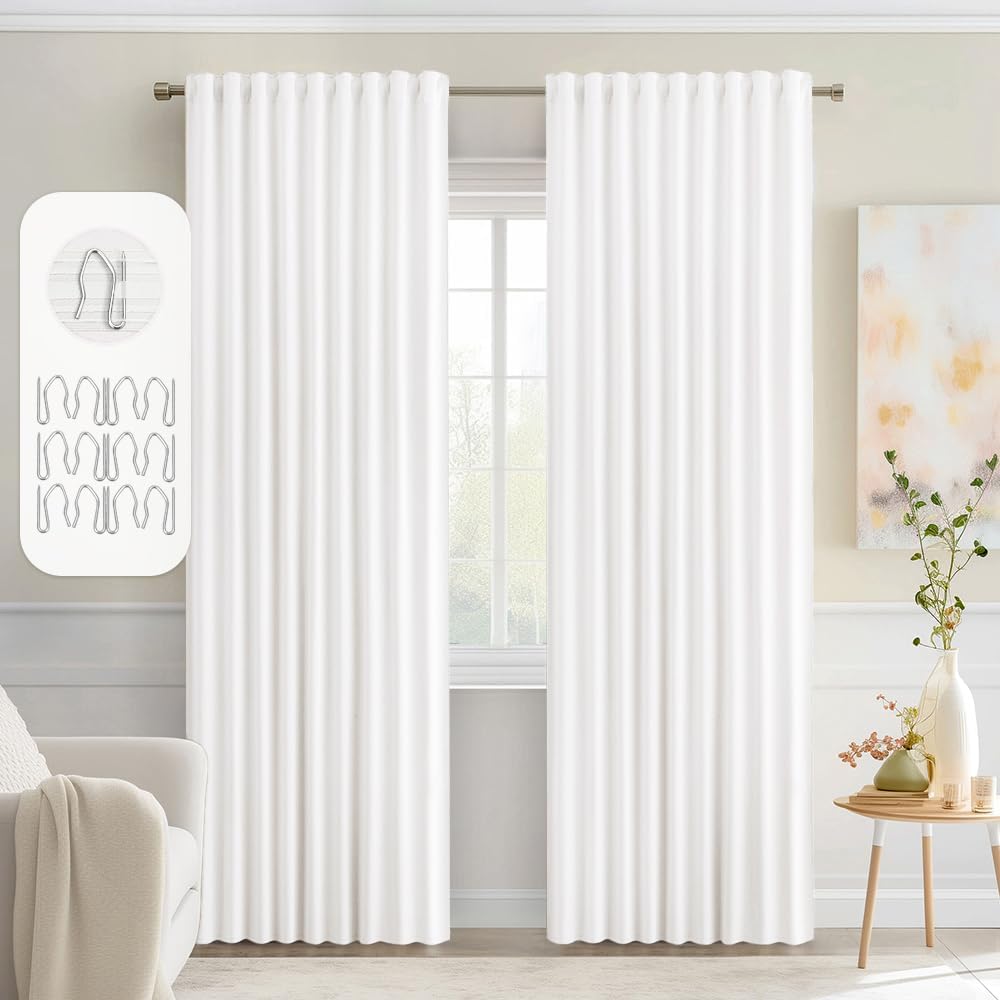 MIULEE Pure White Back Tab Blackout Curtains 84 Inch Length 2 Panels Set for Living Room Bedroom Privacy, Rod Pocket/Pinch Pleat Thermal Insulated Room Darkening Pleated Light Blocking Drapes