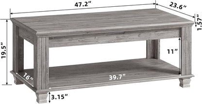 Farmhouse Coffee Tables for Living Room,Square Tea Table with Open Storage Shelf,Large Coffee Table,Rustic Wooden Center Table,Gray