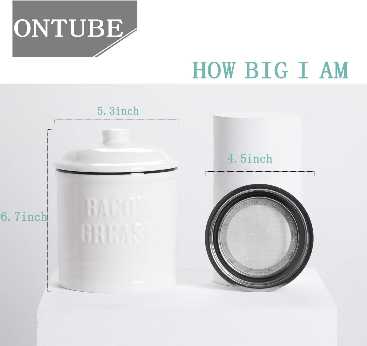 Ceramic Bacon Grease Container Keeper with Strainer,1L Frying Oil Storage Can White