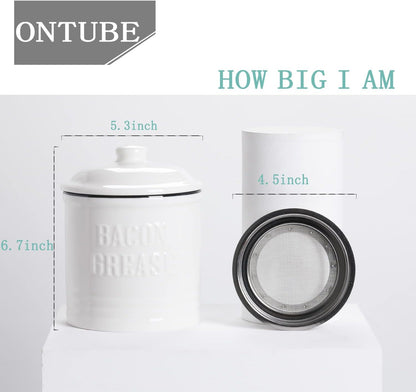 Ceramic Bacon Grease Container Keeper with Strainer,1L Frying Oil Storage Can White