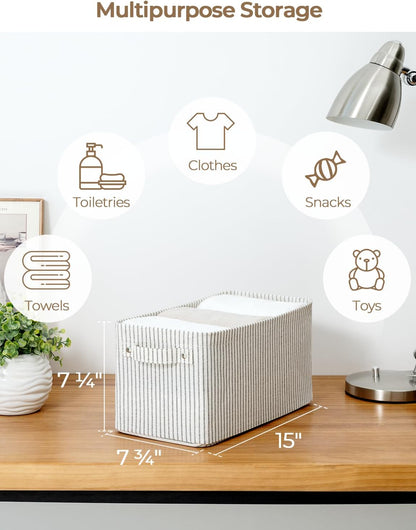 StorageWorks Narrow Storage Bins, Small Basket for Closet and Shelves, Rectangular Fabric Organizer with Handles, Toilet Paper Storage, Gray and White, 2-Pack