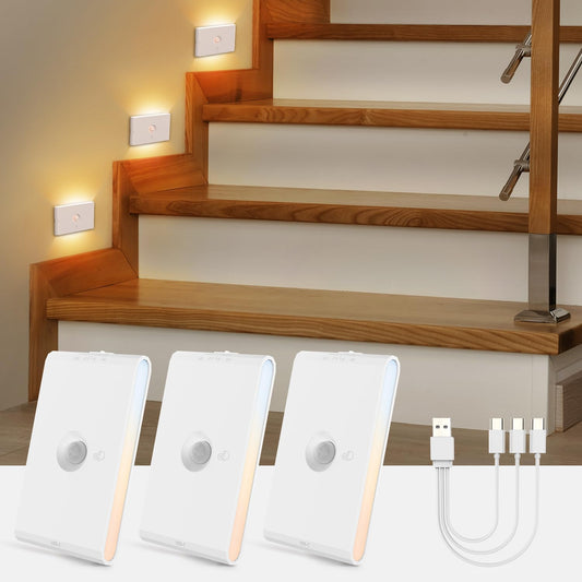 wowatt Rechargeable Motion Sensor Night Light, White Automatic Lights with Magnetic Mount, Dimmable Stair Lights Indoor for Stairway, Hallway, Kitchen, Bathroom(3 Packs)