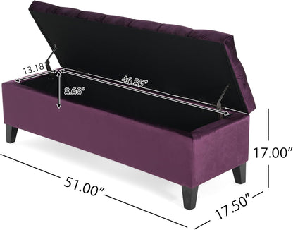 Christopher Knight Home Gloust Velvet Storage Ottoman, Upholstered Rectangular Storage Bench, Living Room Seating, Tufted BottonFoot Rest Stool for Home Office, Entryway and Bedroom, Purple
