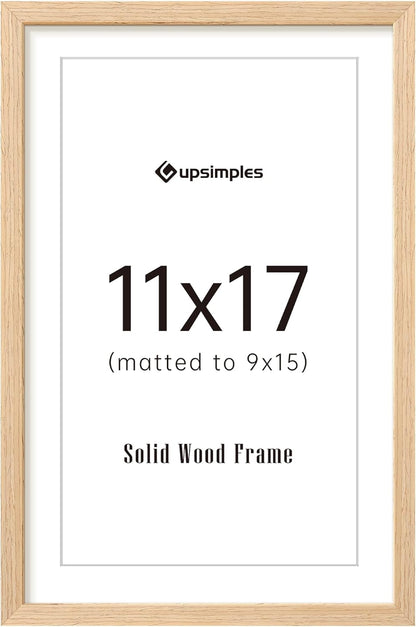 upsimples 11x17 Picture Frame, Natural Solid Wood Picture Frames, Display 9x15 with Mat or 11 x 17 Without, Vertical or Horizontal Wall Hanging, 1 Pack, Natural