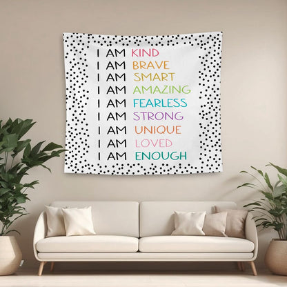 QGFM Positive Affirmations Wall Decor, I am Kind Brave Smart Inspirational Tapestry Wall Hanging for Classroom Nursery Kids Room Playroom Decor, Positive Affirmations for Kids, 50x60 Inches