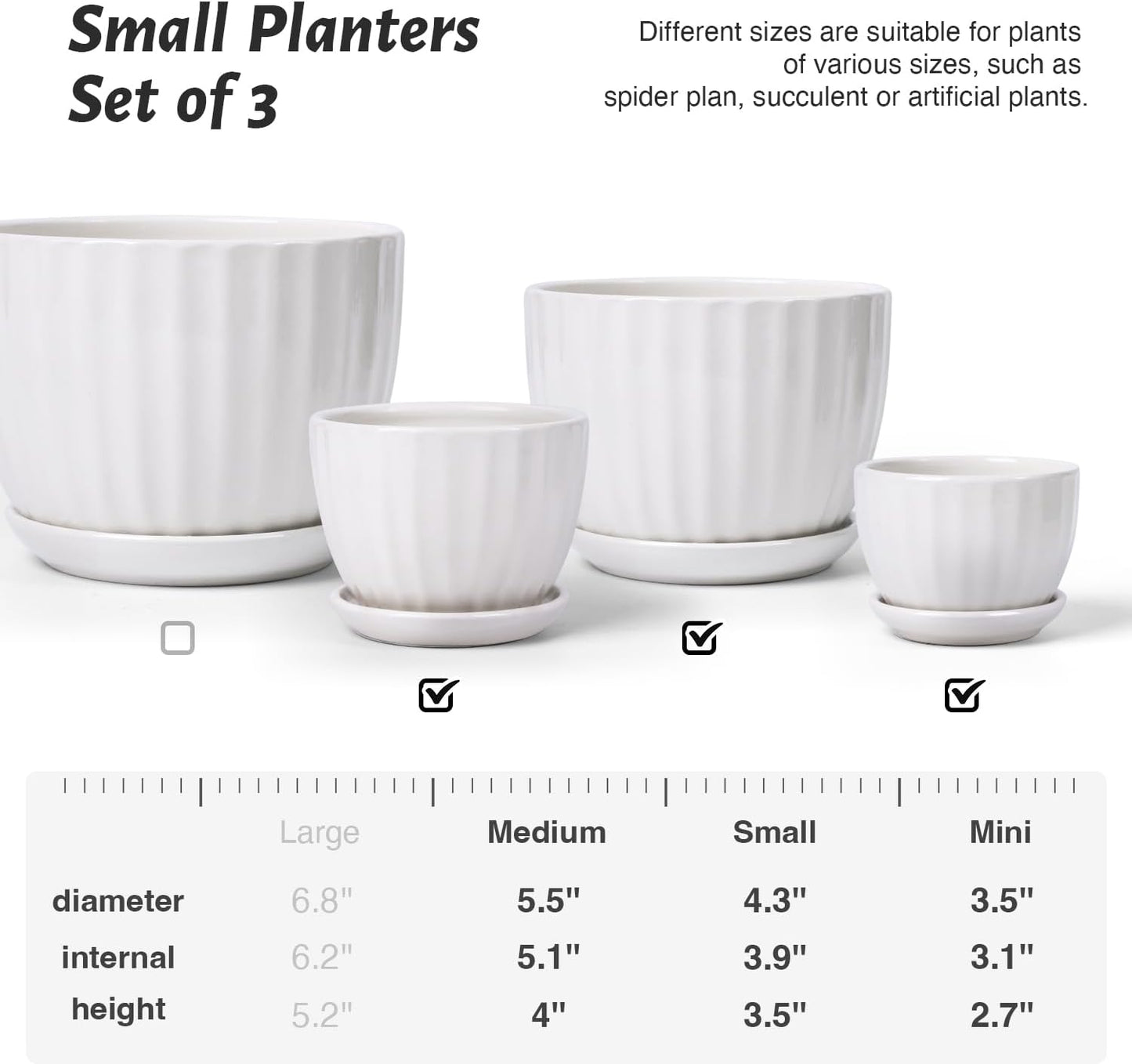 Ceramic Plant Pots with Drainage Holes and Saucers, Round White Flower Pots for Indoor Plant, Diameter 3.3/4.3/5.5 Inches Small Flower Planters Set of 3