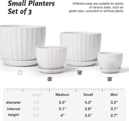 Ceramic Plant Pots with Drainage Holes and Saucers, Round White Flower Pots for Indoor Plant, Diameter 3.3/4.3/5.5 Inches Small Flower Planters Set of 3