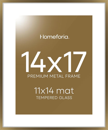 Homeforia 14x17 Picture Frame Bronze, High End Metal 14x17 Brass Poster Frames with Mat 11x14 for Photo, 14 x 17 Frame Matted to 11 by 14 Print, 17x14 Hanging Frame, Tempered Glass, Wall Kit, Set of 1
