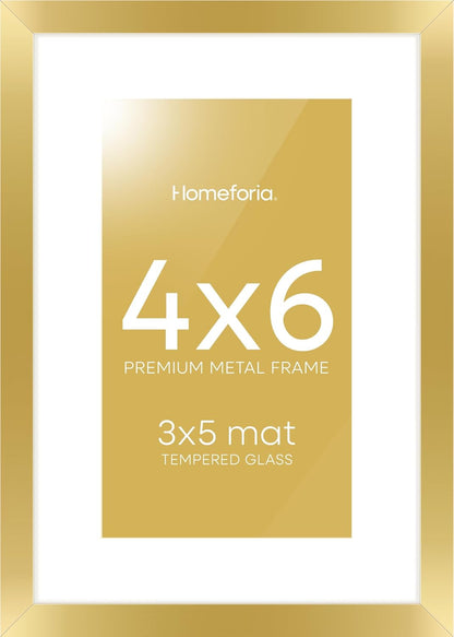 Homeforia 4x6 Picture Frame Gold, High End Metal 4 x 6 Gold Frames with Mat 3 x 5 for Print, 4by6 Desk Frame Matted to 3x5 inch Photo, 4 by 6 Wall or Tabletop Frame, Tempered Glass, Wall Kit, Set of 1
