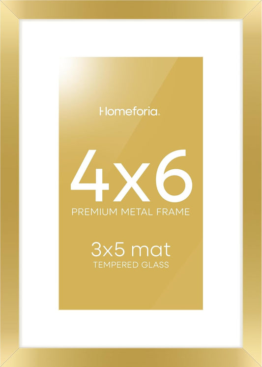 Homeforia 4x6 Picture Frame Gold, High End Metal 4 x 6 Gold Frames with Mat 3 x 5 for Print, 4by6 Desk Frame Matted to 3x5 inch Photo, 4 by 6 Wall or Tabletop Frame, Tempered Glass, Wall Kit, Set of 1
