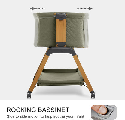 3 in 1 Baby Bassinet, Rocking Bassinets with Comfy Mattress and Wheels, Adjustable Height Bassinet Bedside Sleeper, Easy Folding Portable Crib for Newborn (Green)