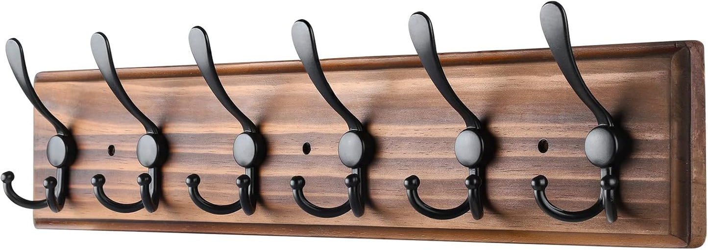 Coat Rack Wall Mount, Wooden Heavy Duty Coat Rack for Wall,6 Triple Coat Hanger Hooks for Hanging Coats,Jacket,Hat,Clothes (Brown, 6 Hooks)