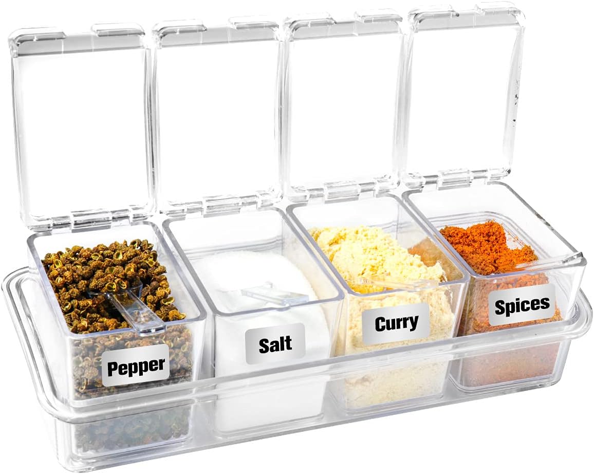 XIUDI Clear Seasoning Rack Spice Pots-4 Pieces Clear Seasoning Storage Container for Spice Salt Sugar Cruet.Acrylic Seasoning Box, Cruet with Cover and Spoon