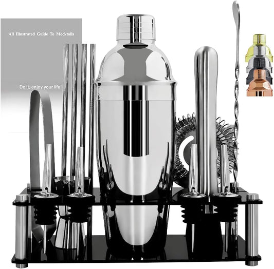14-Piece Cocktail Shaker Set Bartender Kit with Black Stand, Bar Tool Set for Drink Mixing Bartending Kit Bar Sets Accessories: 750ml(25oz) Shaker, Jigger, Muddler, Cocktail Recipes (Silver)