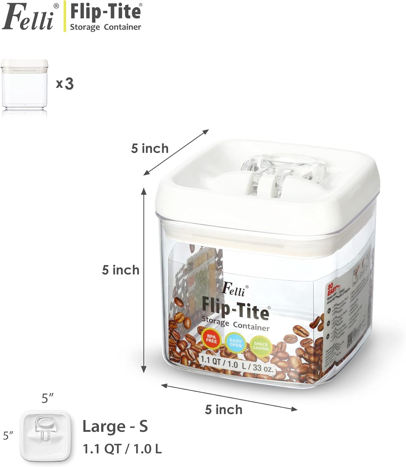 Felli Flip Tite Food Storage Container 5" LARGE Size Airtight Lid Lock Top, Stackable Kitchen Canister for Space Saving, Pantry Fridge Cupboard Organizer, Spice Seasoning Pet Treats Snack (1.1 qt)