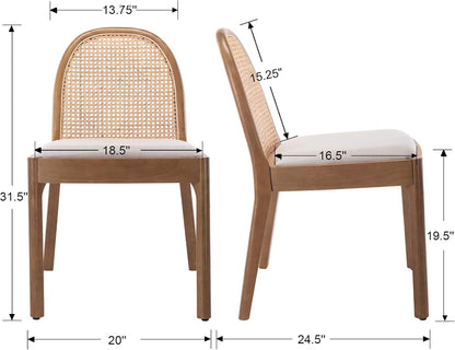 Mid Century Dining Chairs Set of 2, Accent Rattan Linen Fabric Side Chairs Kitchen Chair with Solid Wooden Legs for Living Room Dining Room, Beige