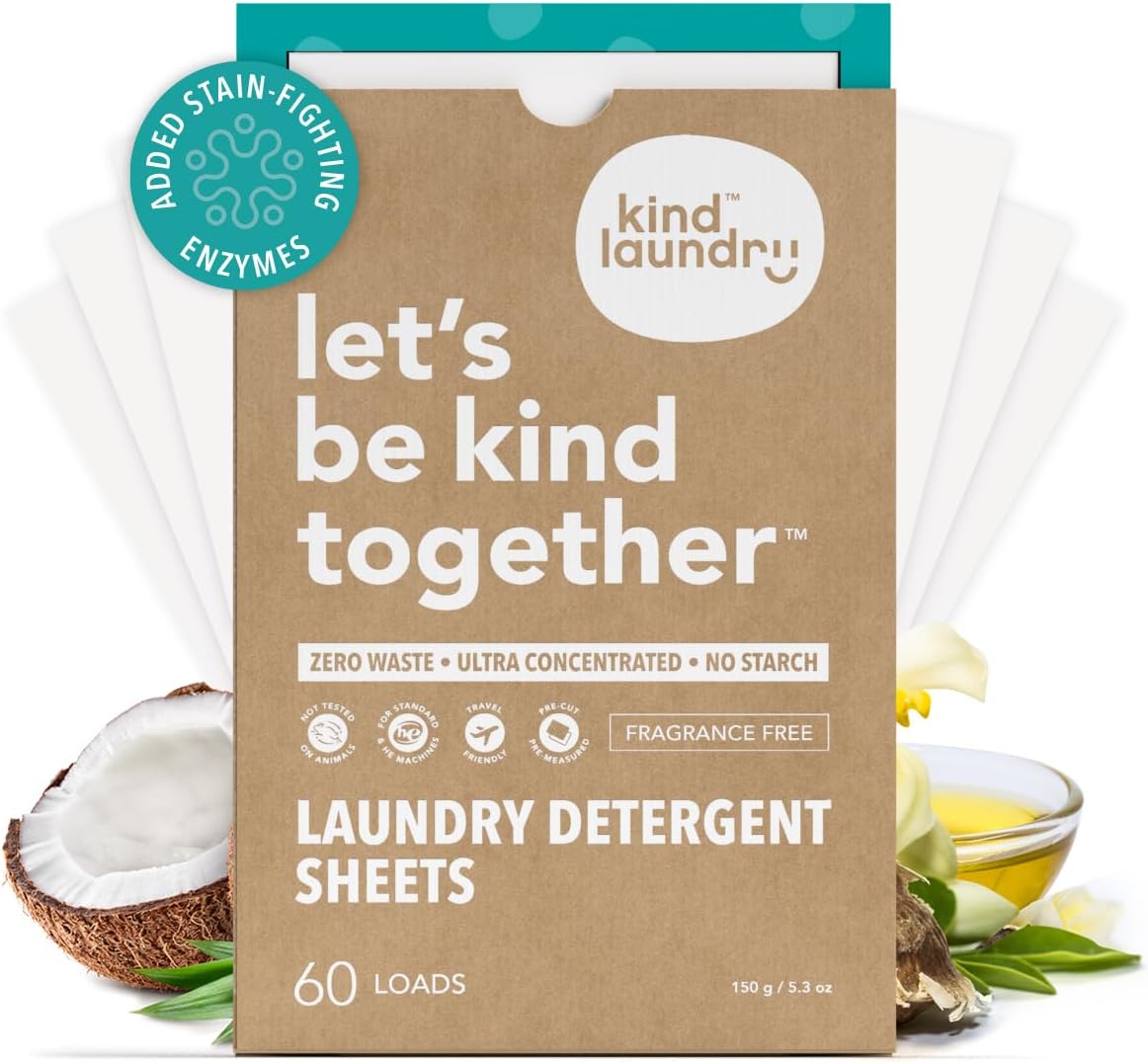 Kind Laundry Detergent Sheets with Stain-Fighting Enzymes - Plant Powered Eco-Friendly Laundry Soap Sheets - Home or Travel Laundry Detergent Fragrance Free, 60 Loads (Mom's Choice Award Winner)
