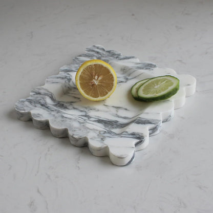 Natural Luxury Marble Tray with Scalloped Edge, Handmade Square Decorative Tray, Catch All Tray for Counter, Dresser, Nightstand and Home Décor (Arabescato Calacatta)