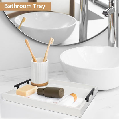 Coffee Table Tray - Large Ottoman Tray for Living Room - Wood Serving Tray with Handles(2 Sets) - Wooden Tray for Coffee Table, 4 Round Coasters Included, White