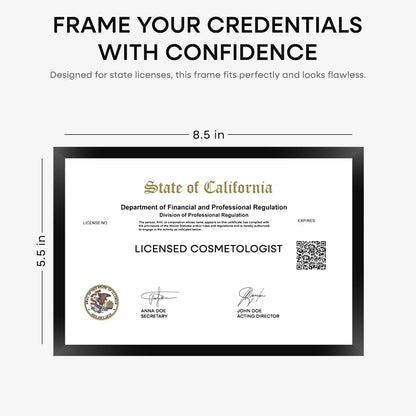 Homeforia 5.5 x 8.5 Business License Frame Black, High End Metal 5.5x8.5 Certificate Frames, 8.5x5.5 Document Frames for Wall or Tabletop, 5.5 by 8.5 Picture Frames, Tempered Glass, Wall Kit, Set of 1