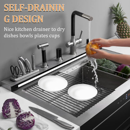 LEMIKKLE 20.5" x 13" Roll Up Dish Drying Rack Silicone Wrapped Over The Sink Dish Drying Rack Foldable Sink Drying Mat, Heat-Resistant & Anti-Rust Dish Rack for Kitchen Sink, Black