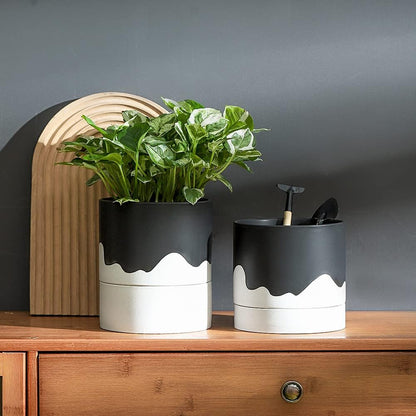 Nihow Ceramic Plant Pot: 6 Inch Planter with Drainage Hole & Saucer for Indoor & Outdoor Plants - Cylinder Round Flower Pot for Succulent/Herbs/Violets - Black & Wave White