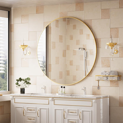BEAUTYPEAK 42 Inch Round Mirror, Metal Frame Circle Mirror, Wall Mounted for Entryway, Bathroom, Vanity, Living Room, Gold